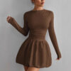 Black Long Sleeve Mini Dress – Elegant Fitted Waist Flowy Skater Dress
