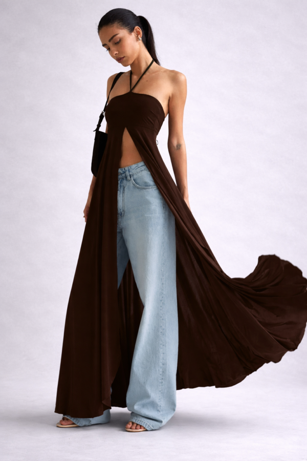 3bf78fea-3df3-4cf1-9420-af2a116eefec Brown Halter Maxi Dress – Open Front Elegant Statement Dress