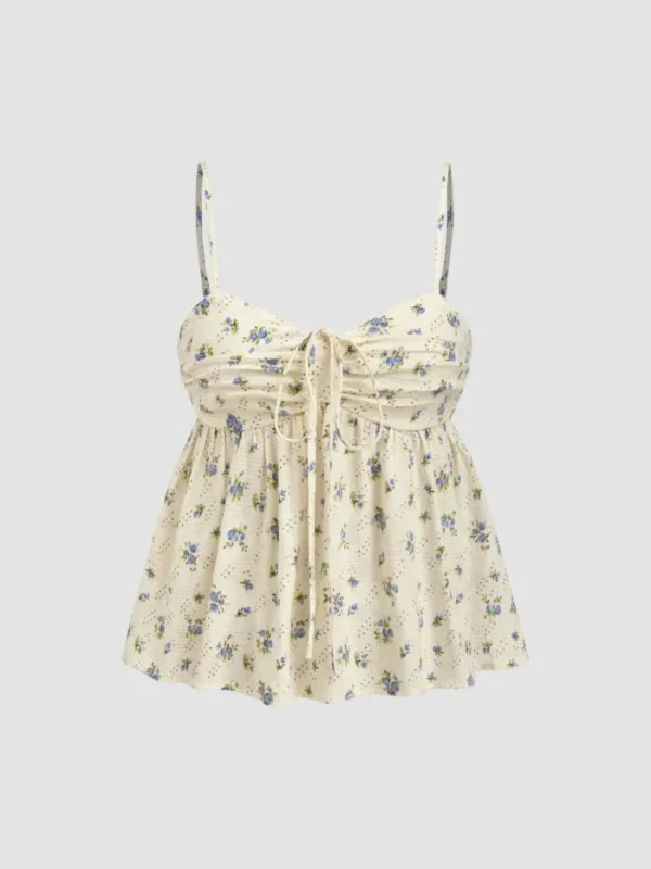 Blue Floral Smocked Camisole Top – Vintage Cottagecore Summer Babydoll Top