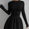 Black Long Sleeve Mini Dress – Elegant Fitted Waist Flowy Skater Dress