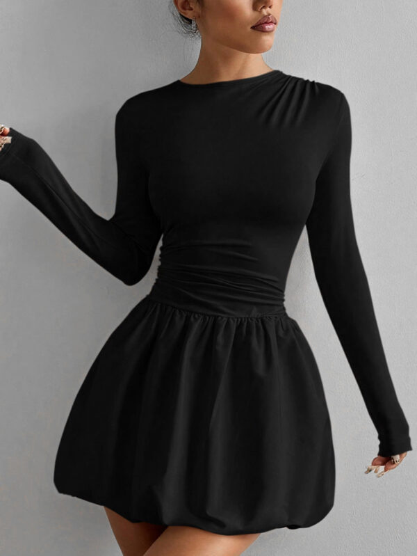 Black Long Sleeve Mini Dress – Elegant Fitted Waist Flowy Skater Dress