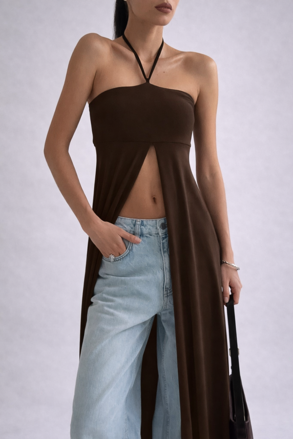 7630daf0-f5ea-4537-8ba2-4acbd23bedde Brown Halter Maxi Dress – Open Front Elegant Statement Dress