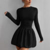 Black Long Sleeve Mini Dress – Elegant Fitted Waist Flowy Skater Dress