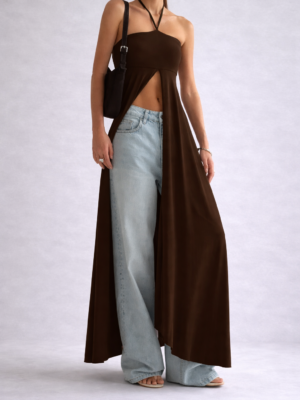 Brown Halter Maxi Dress – Open Front Elegant Statement Dress