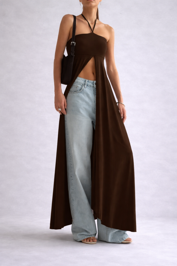 c6edfcd0-8975-4190-8419-61aa5c08ee59 Brown Halter Maxi Dress – Open Front Elegant Statement Dress