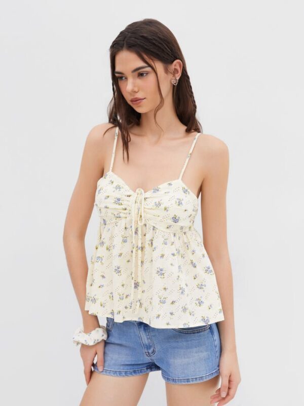Blue Floral Smocked Camisole Top – Vintage Cottagecore Summer Babydoll Top